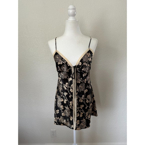 Victoria's Secret Other - Victoria Secret Black Gold Floral Lace Satin Open Front Babydoll Chemise Medium